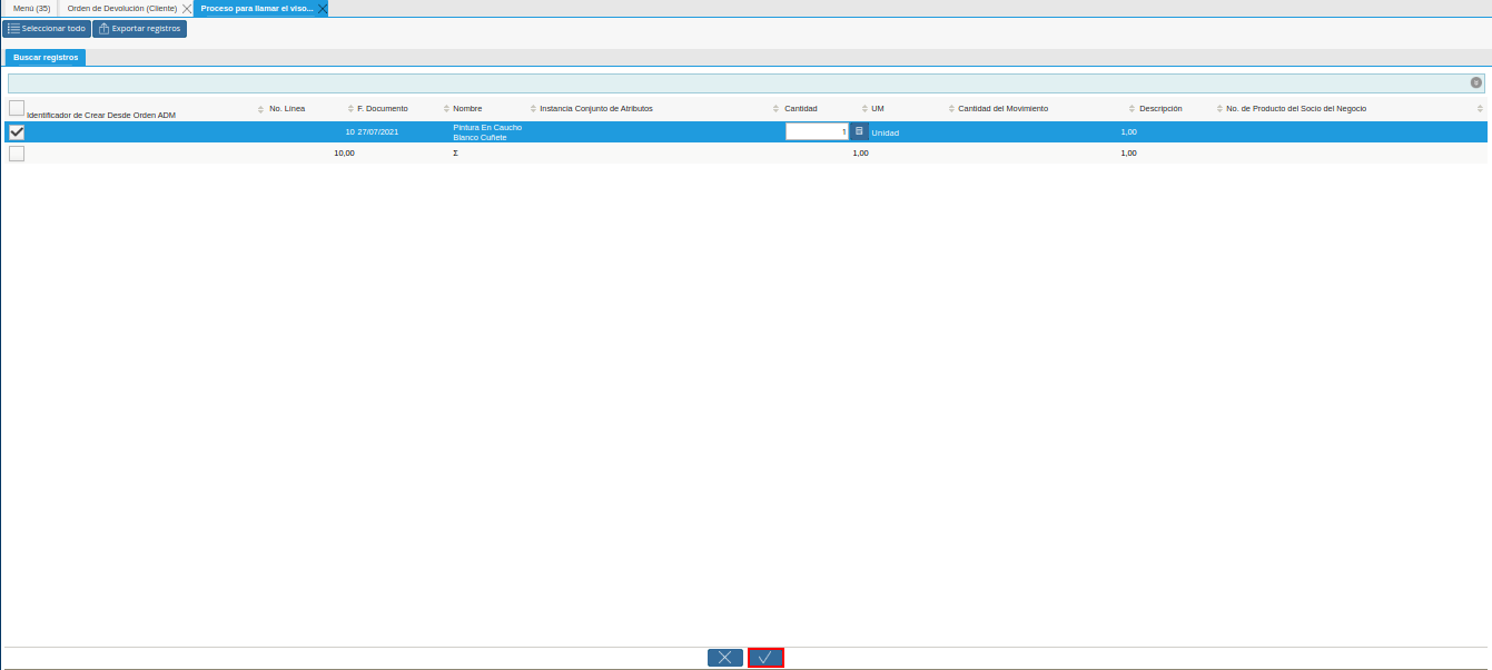 opción ok del proceso