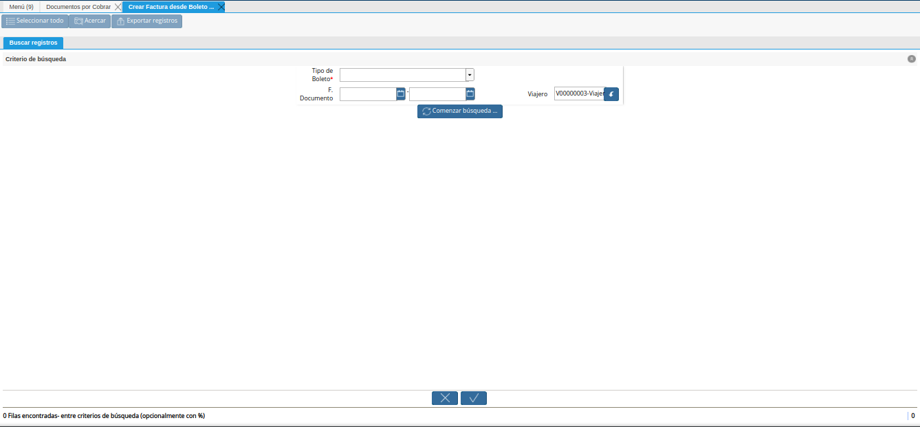 ventana del proceso crear factura desde boleto