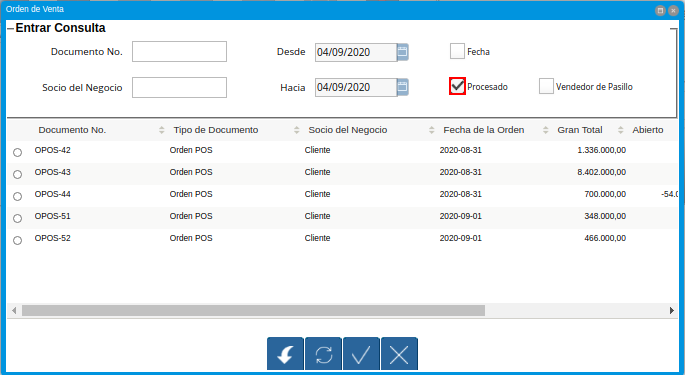 Checklist Procesado del Grupo de Campos Entrar Consulta de la Ventana Orden de Venta Desplegada por el Icono Registros Históricos