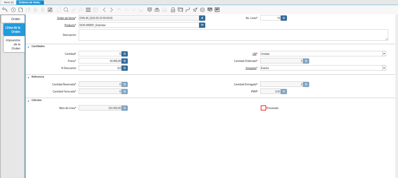 campo procesado de la ventana órdenes de venta