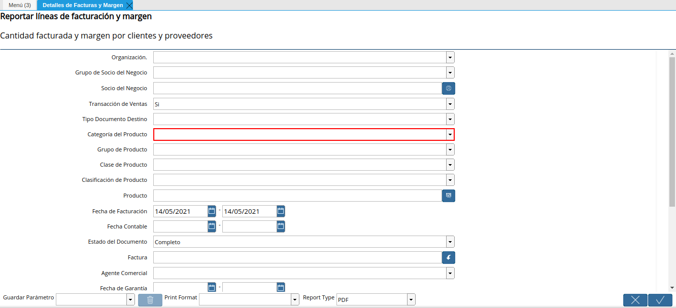 campo categoría del producto del reporte detalles de facturas y margen