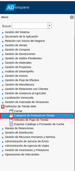 menú de categoría de producto en tienda