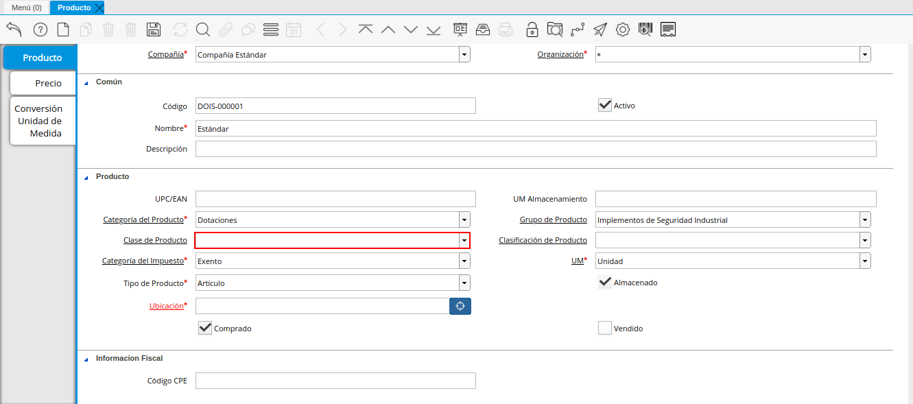 Campo Clase de Producto de la Ventana Producto