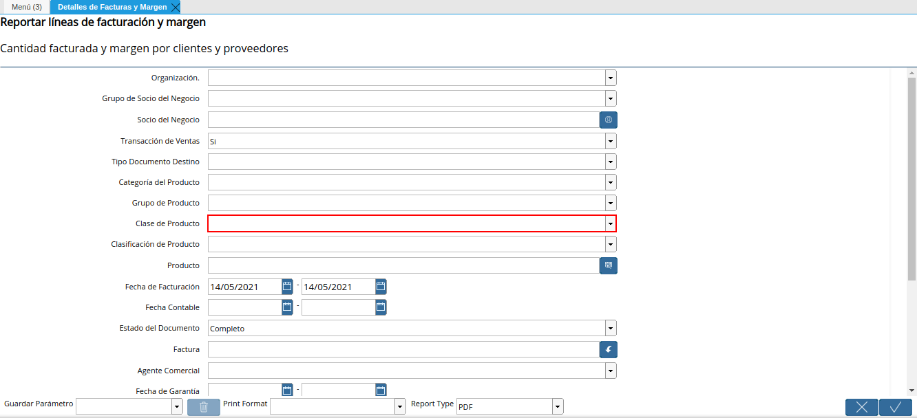 campo clase de producto del reporte detalles de facturas y margen