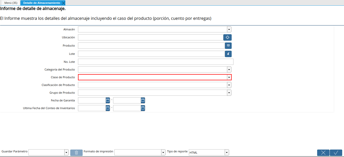 campo clase de producto del reporte detalle de almacenamiento