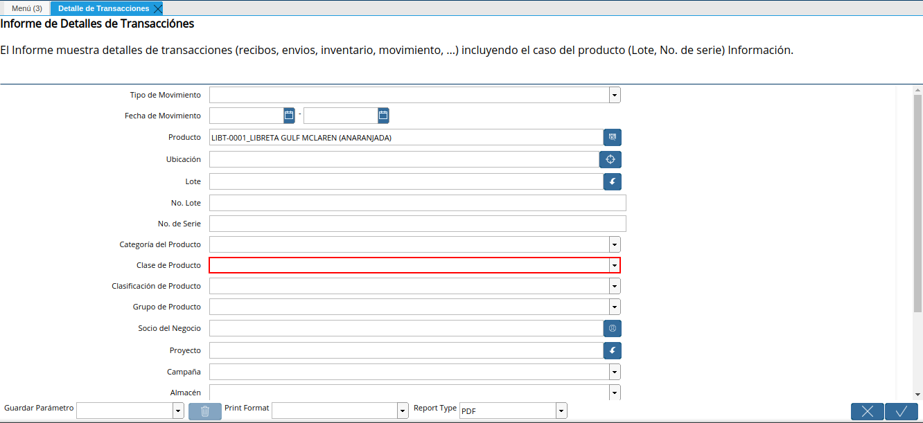 campo clase de producto de la ventana detalle de transacciones