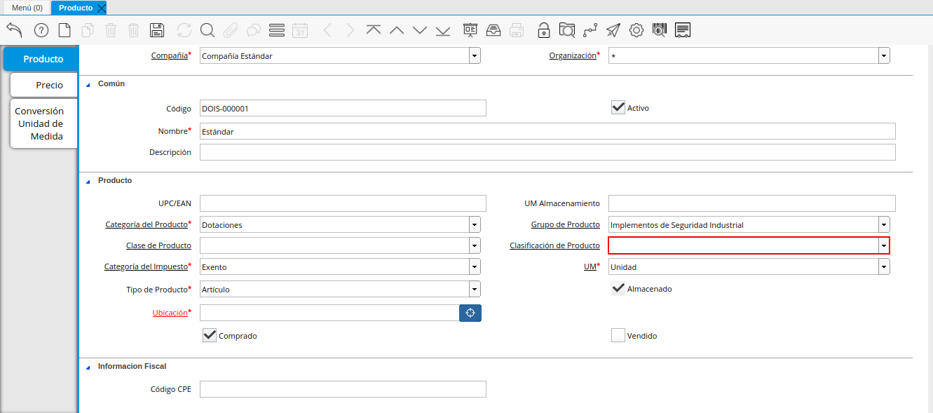 Campo Clasificación de Producto de la Ventana Producto