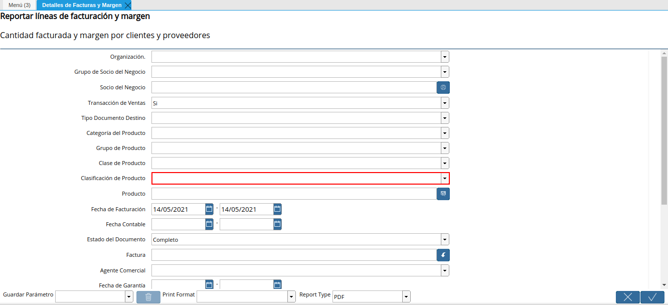 campo clasificación de producto del reporte detalles de facturas y margen