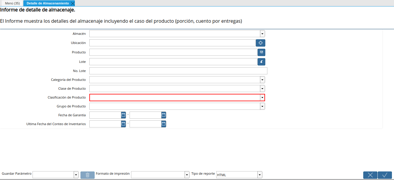 campo clasificación de producto del reporte detalle de almacenamiento