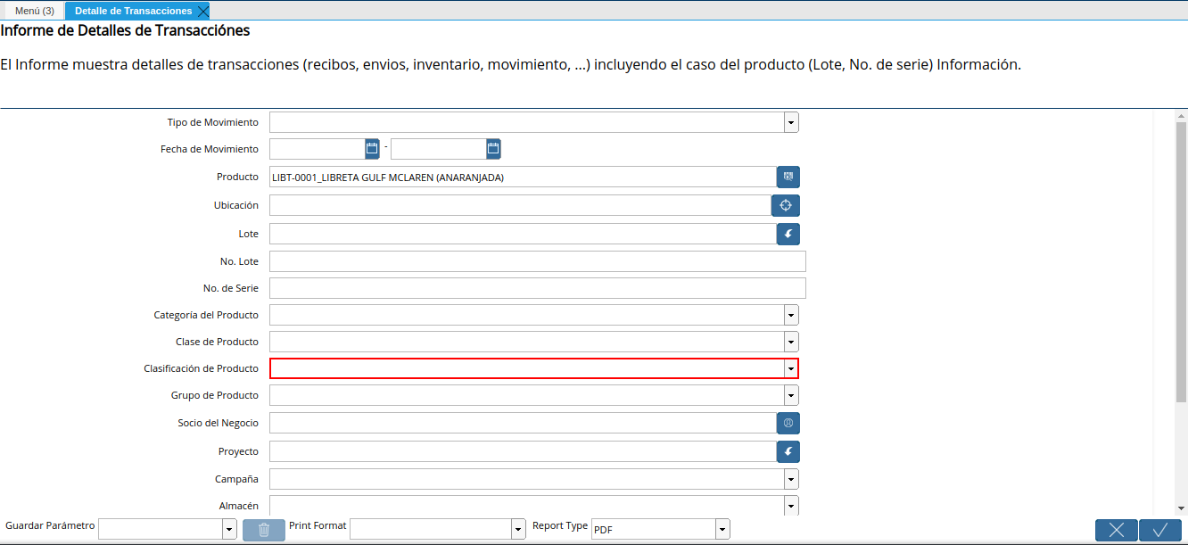 campo clasificación de producto de la ventana detalle de transacciones