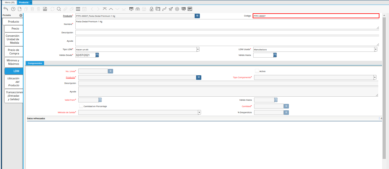 Campo Código del Producto de la Pestaña LDM