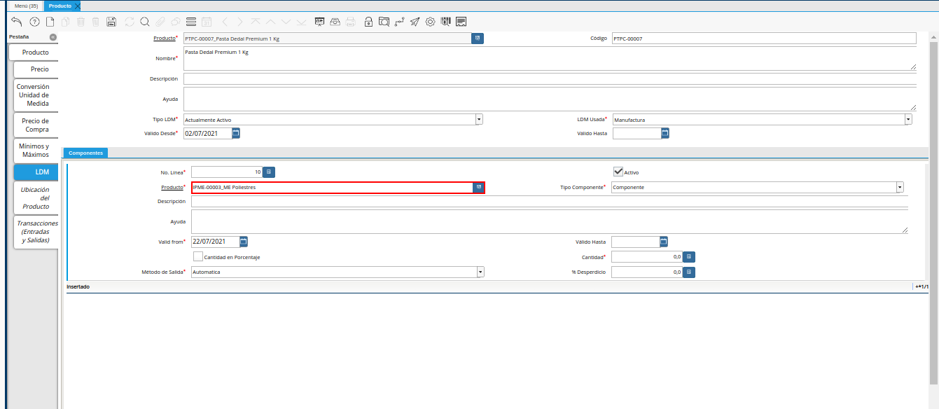 Campo Producto de la Pestaña ldm del Producto Estándar para Producción