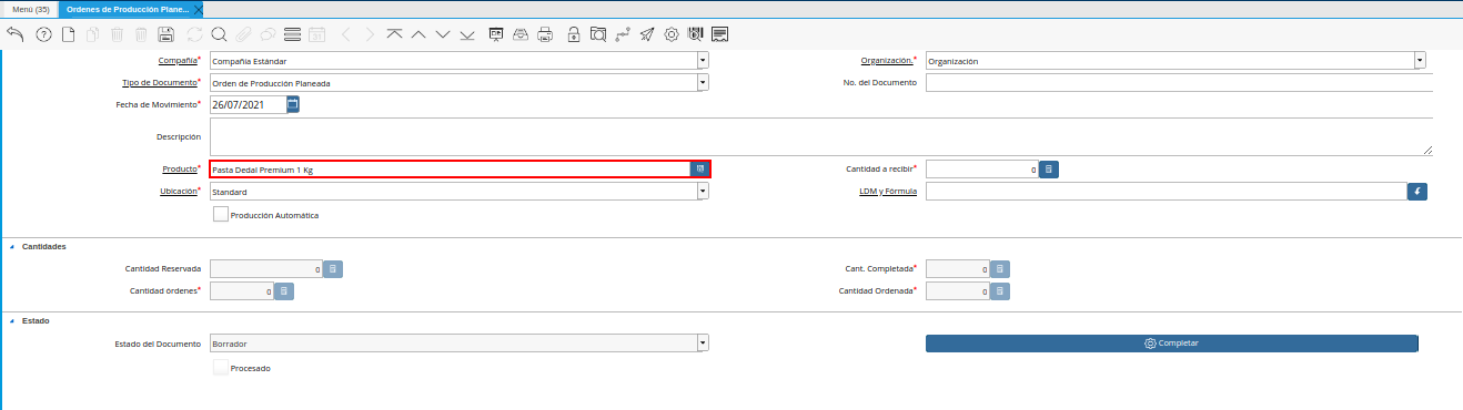 Campo Producto de la Ventana Órdenes de Producción Planeadas