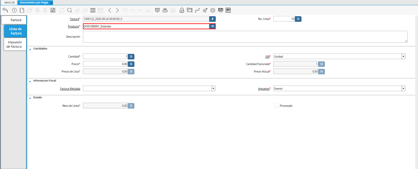 campo producto de la pestaña linea de factura débito