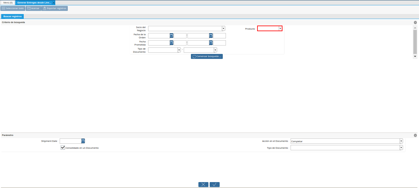 Campo Producto de la Ventana Generar Entrega desde Líneas de la Orden