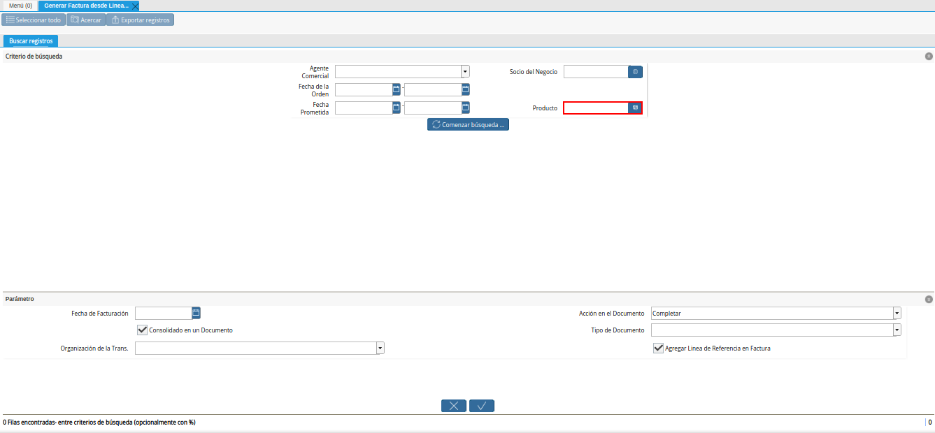 Campo Producto de la Ventana Generar Factura desde Líneas de la Orden