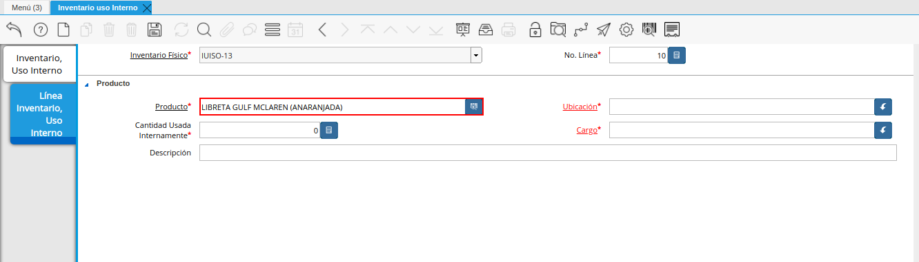 campo producto de la pestaña línea inventario uso interno