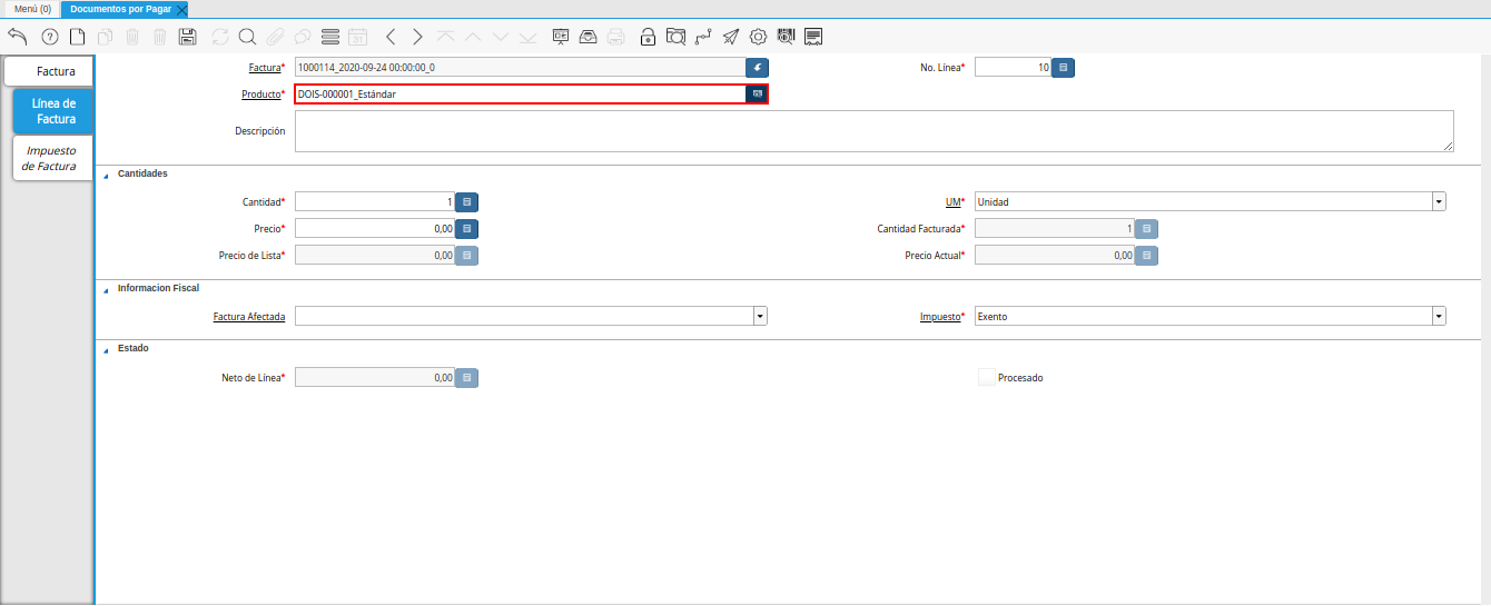 campo producto de la pestaña linea de factura