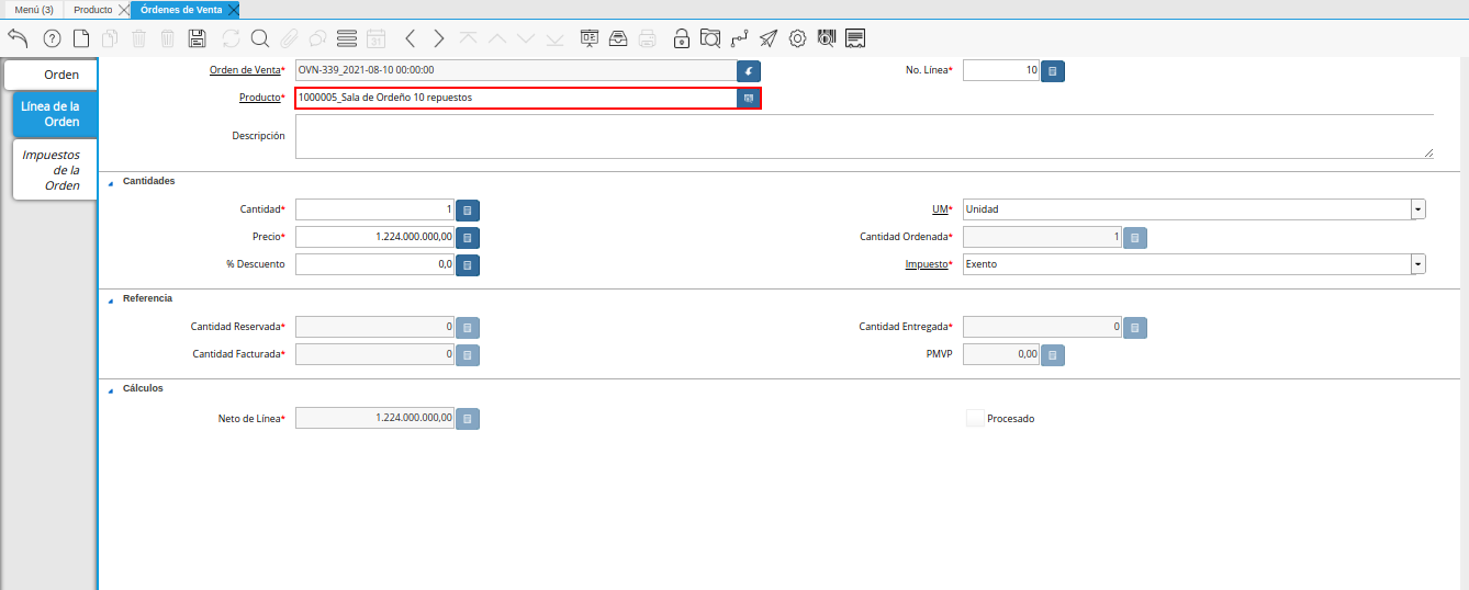 campo producto de la pestaña línea de la orden