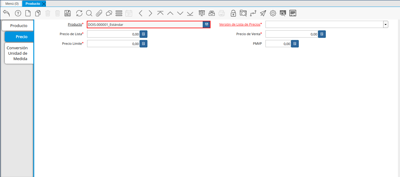 Campo Producto de la Pestaña Precio de la Ventana Producto