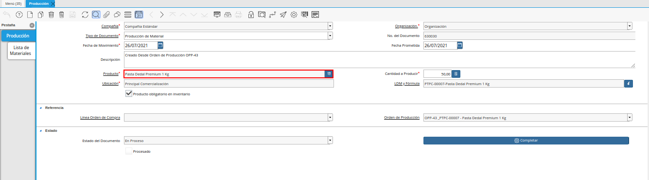 Campo Producto de la Ventana Producción