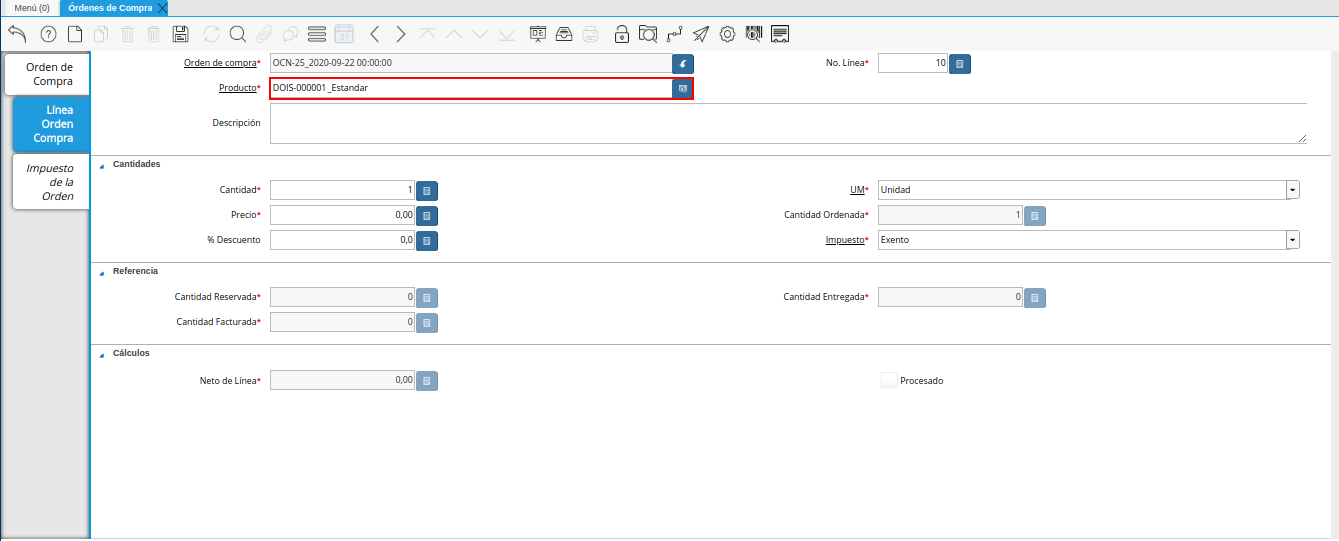 campo producto de la ventana órdenes de compra