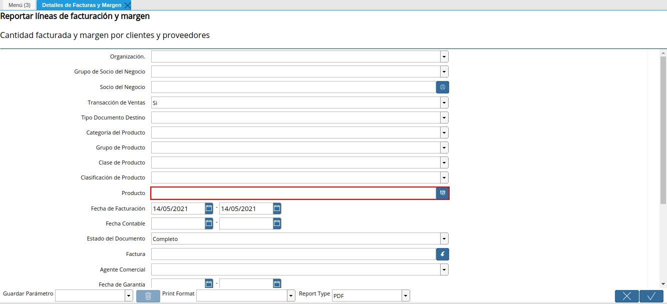 campo producto del reporte detalles de facturas y margen
