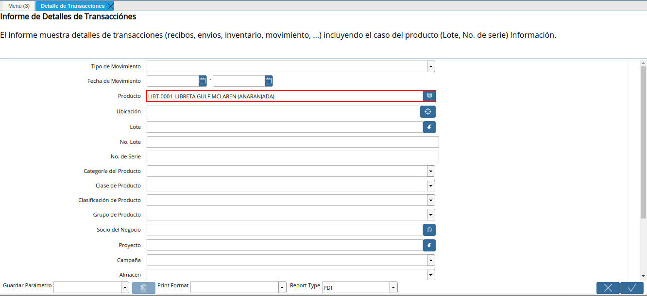 campo producto de la ventana detalle de transacciones