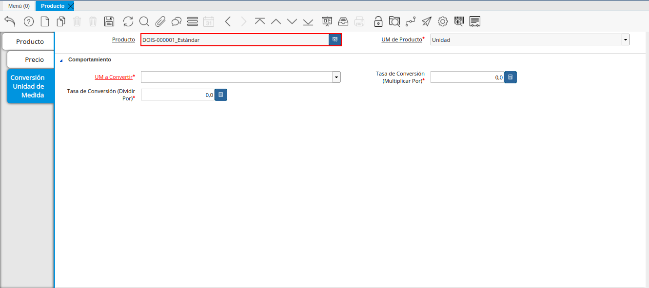 Campo Producto de la Pestaña Conversión Unidad de Medida de la Ventana Producto