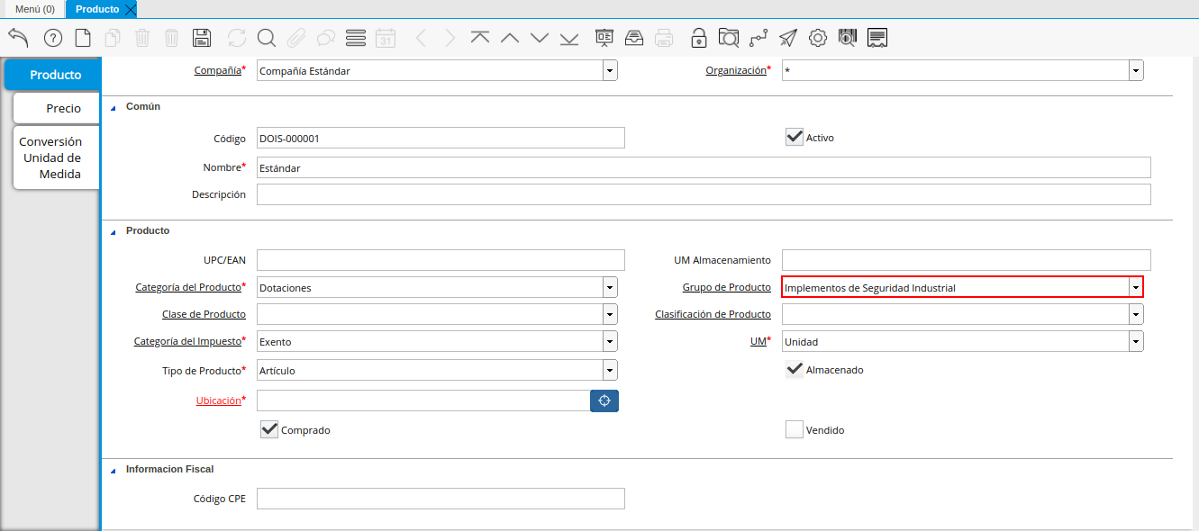 Campo Grupo de Producto de la Ventana Producto
