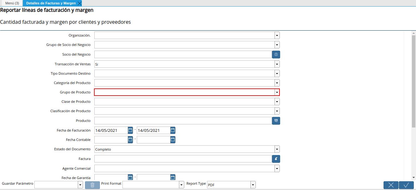 campo grupo de producto del reporte detalles de facturas y margen