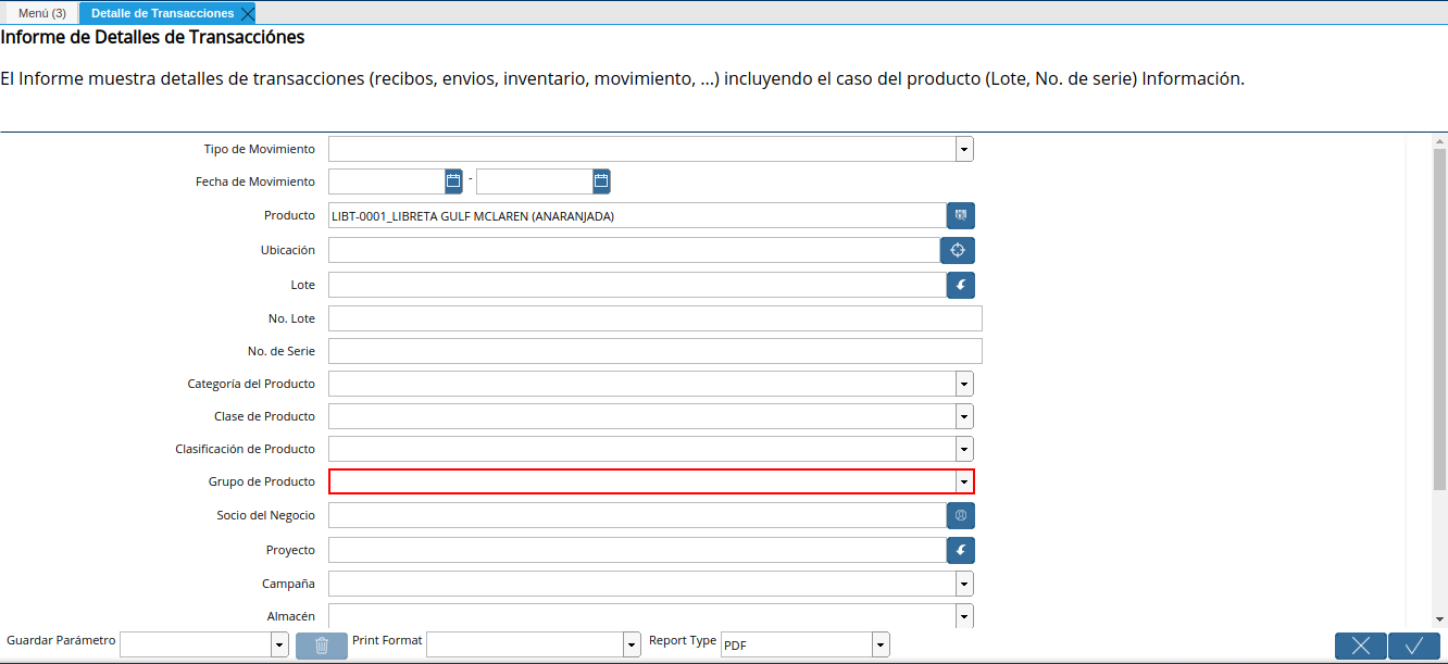 campo grupo de producto de la ventana detalle de transacciones