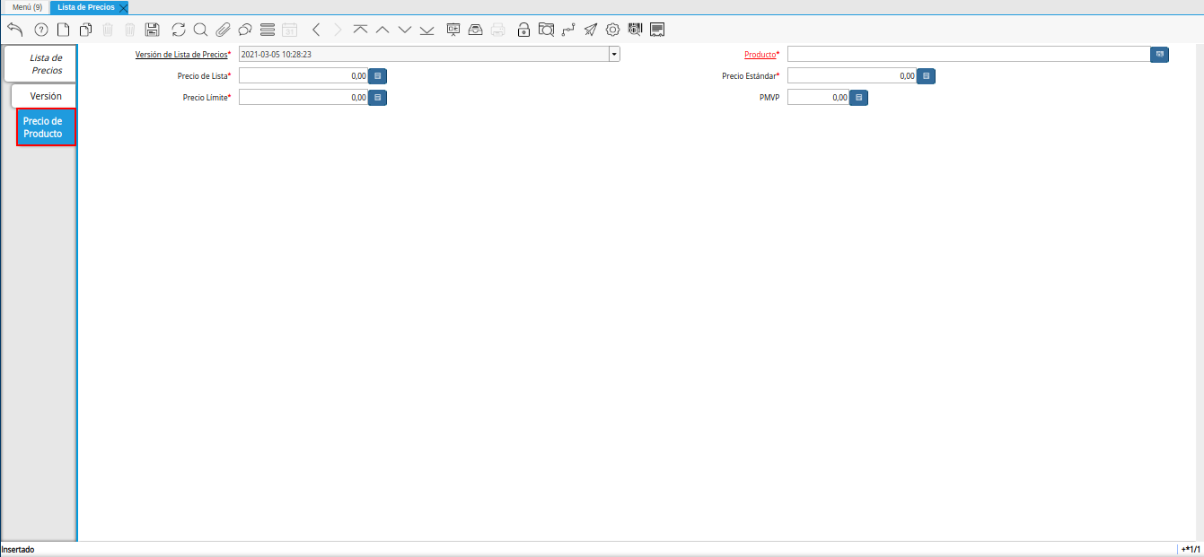 pestaña precio del producto para lista de precios base
