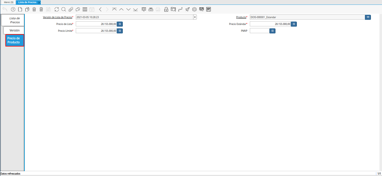 pestaña precio de producto para la lista de precios desde otra