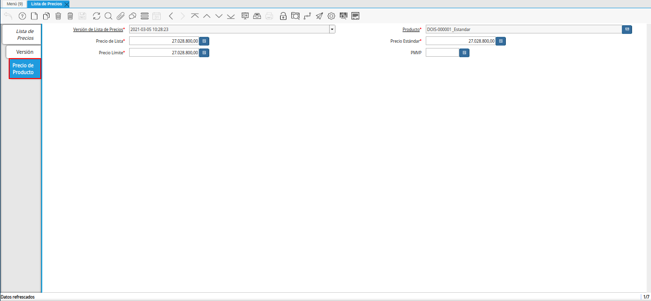 pestaña precio de producto para la lista de precios desde última oc procesada