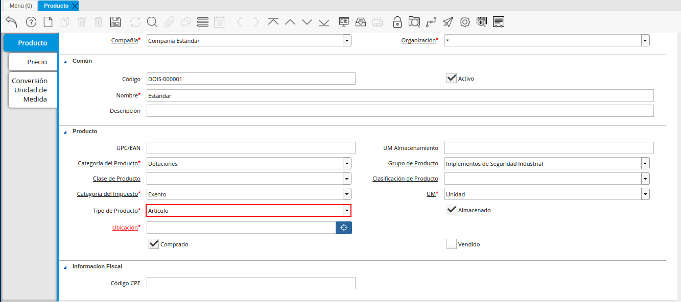 Campo Tipo de Producto de la Ventana Producto
