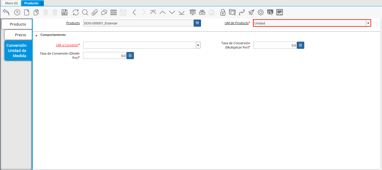 Campo UM de Producto de la Pestaña Conversión Unidad de Medida de la Ventana Producto