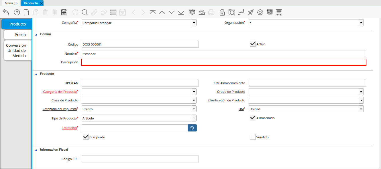 Campo Descripción de la Ventana Producto