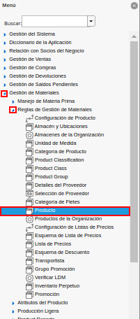 menú de la ventana producto