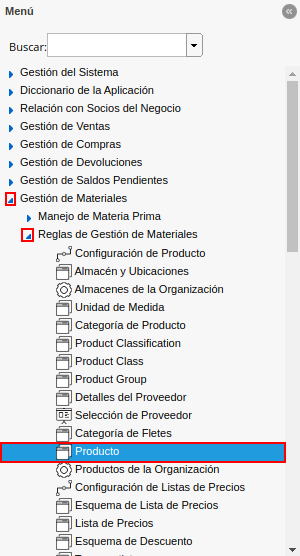 menú de la ventana producto