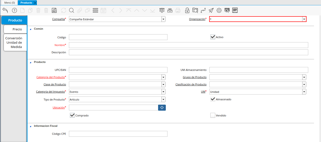 Campo Organización de la Ventana Producto