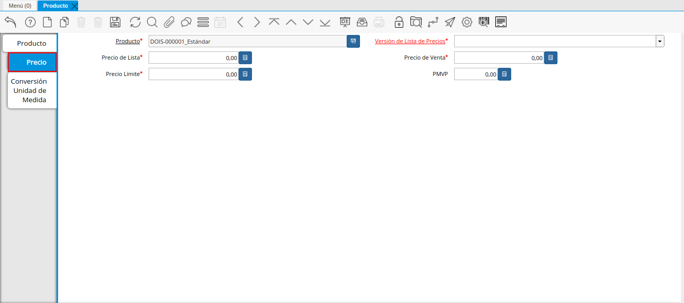Pestaña Precio de la Ventana Producto