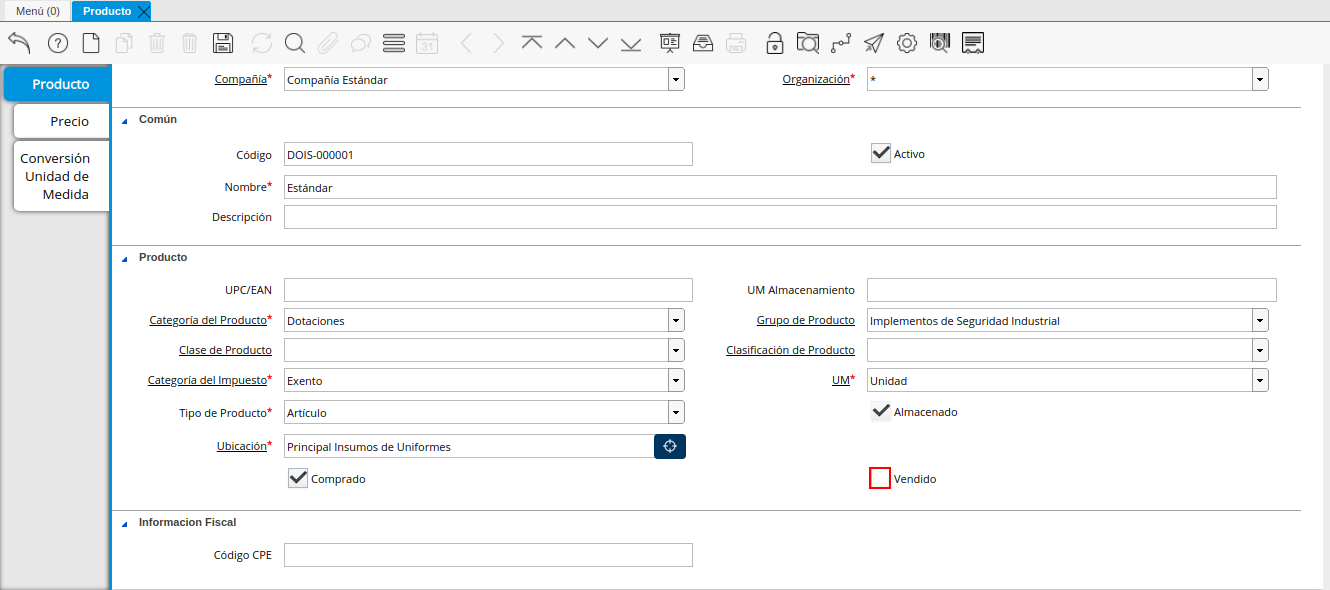 Checklist Vendido de la Ventana Producto