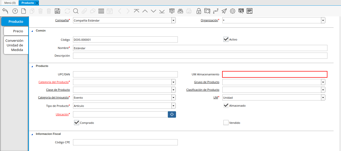 Campo UM Almacenamiento de la Ventana Producto