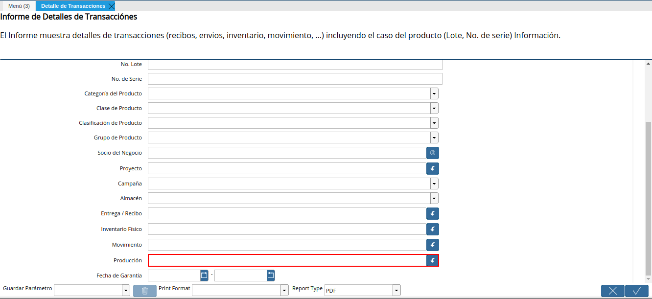 campo producción de la ventana detalle de transacciones
