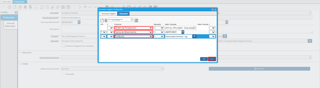 búsqueda de registro de producción