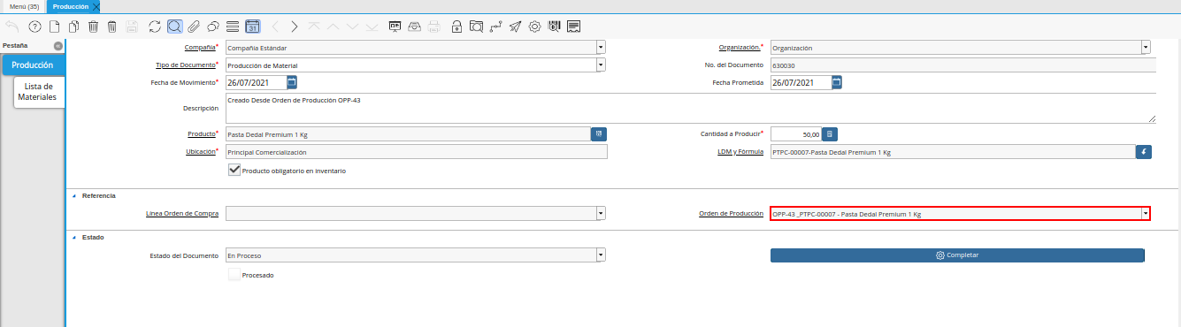 campo orden de producción de la ventana producción