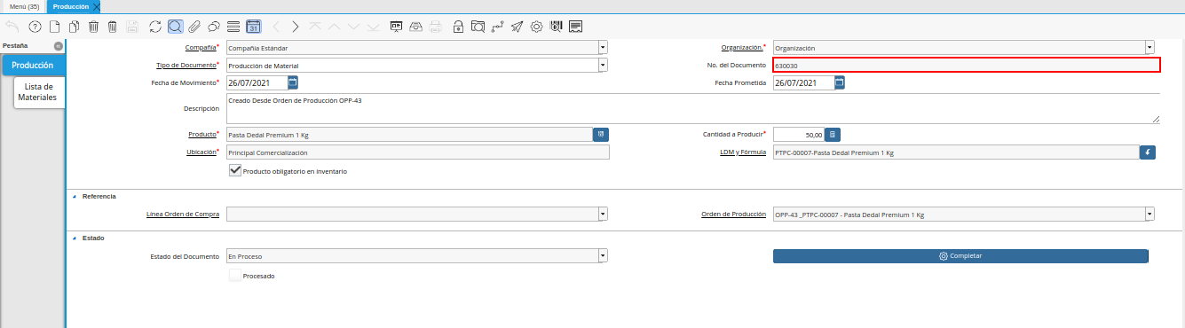 registro de producción desde orden