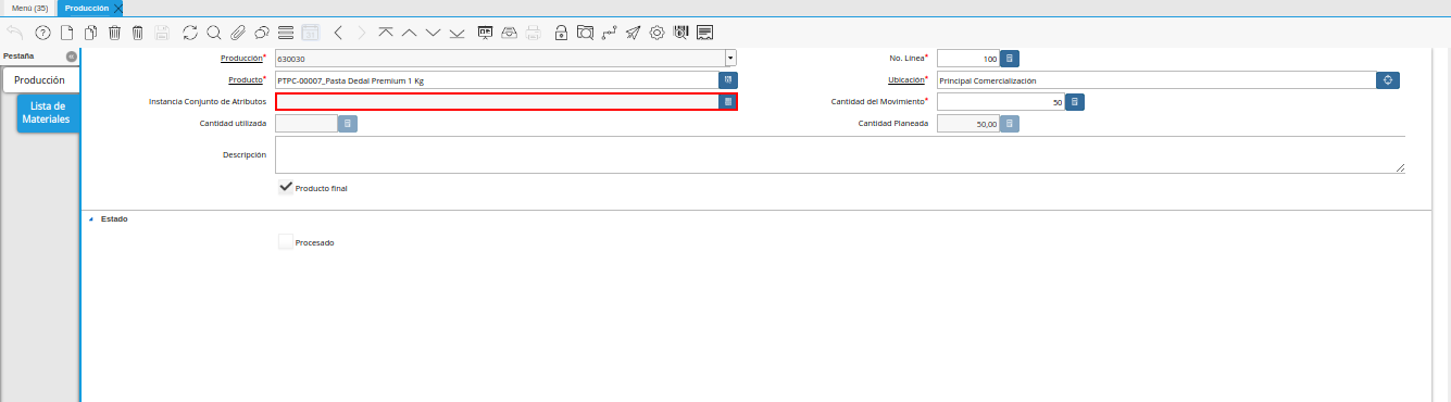 campo instancia conjunto de atributos de la ventana producción
