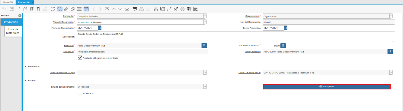 Opción Completar de la Ventana Producción